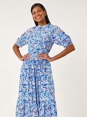 Roman Blue Abstract Print Lace Trim Midi Dress - Image 1 of 5