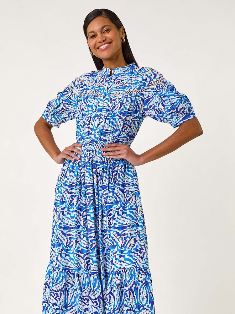 Roman Blue Abstract Print Lace Trim Midi Dress - Image 1 of 5
