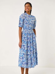 Roman Blue Abstract Print Lace Trim Midi Dress - Image 2 of 5