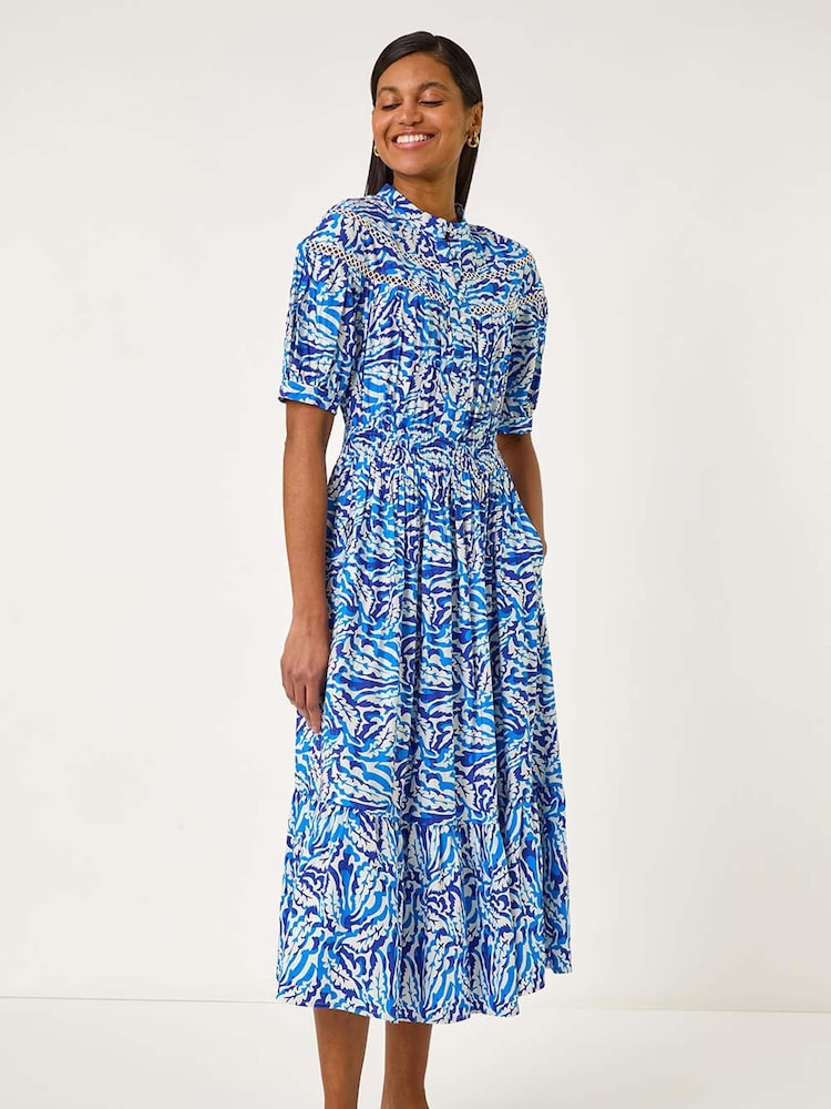 Roman Blue Abstract Print Lace Trim Midi Dress - Image 2 of 5