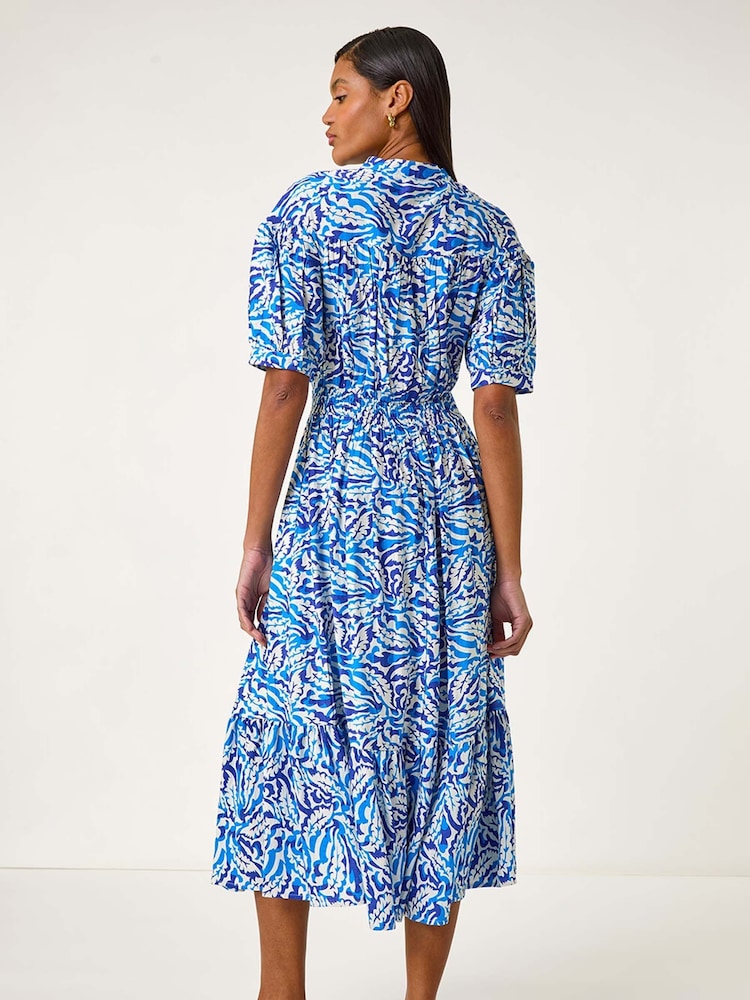 Roman Blue Abstract Print Lace Trim Midi Dress - Image 3 of 5