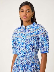 Roman Blue Abstract Print Lace Trim Midi Dress - Image 4 of 5