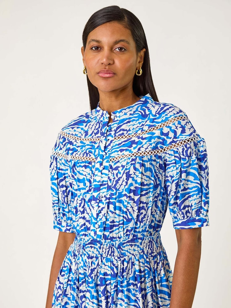 Roman Blue Abstract Print Lace Trim Midi Dress - Image 4 of 5