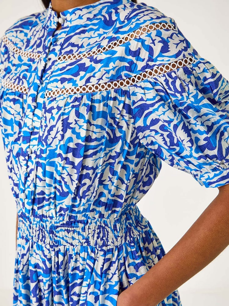Roman Blue Abstract Print Lace Trim Midi Dress - Image 5 of 5