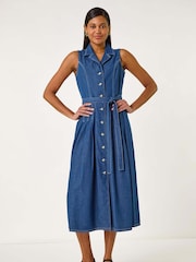 Roman Blue Denim Button Through 100% Cotton Midi Dress - Image 2 of 5