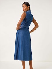 Roman Blue Denim Button Through 100% Cotton Midi Dress - Image 3 of 5