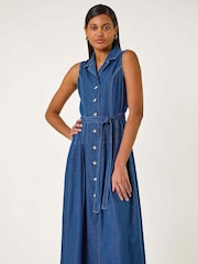 Roman Blue Denim Button Through 100% Cotton Midi Dress - Image 4 of 5