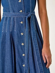 Roman Blue Denim Button Through 100% Cotton Midi Dress - Image 5 of 5