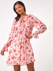 Roman Pink Print Ruffle V-Neck Smock Dress - Image 1 of 5