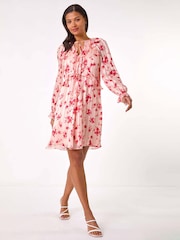 Roman Pink Print Ruffle V-Neck Smock Dress - Image 2 of 5