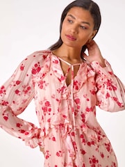 Roman Pink Print Ruffle V-Neck Smock Dress - Image 4 of 5