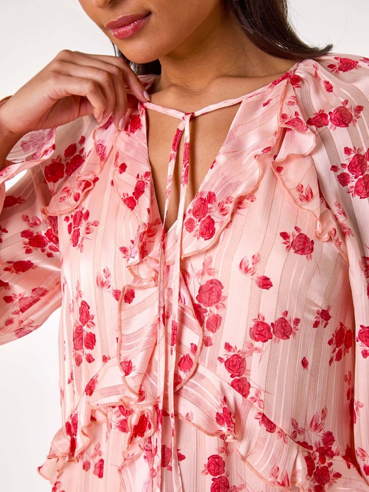Roman Pink Print Ruffle V-Neck Smock Dress - Image 5 of 5
