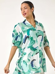 Roman Green Floral Print Longline Blouses - Image 1 of 5
