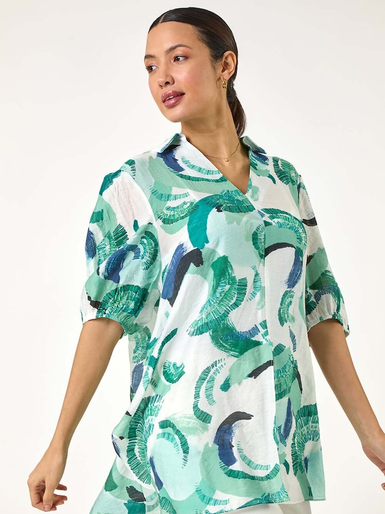 Roman Green Floral Print Longline Blouses - Image 1 of 5