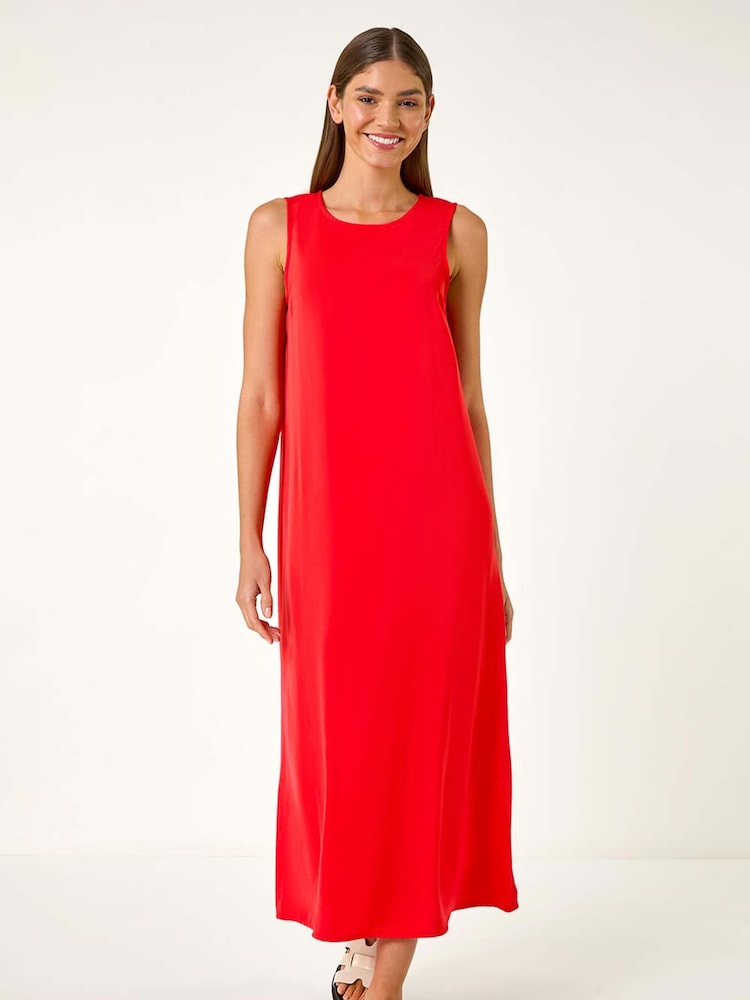 Roman Red Satin A-Line Pocket Midi Dress - Image 2 of 5