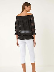 Negro - Top Bardot con inserción de encaje y volante de Roman - Imagen 3 de 5