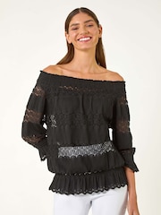 Negro - Top Bardot con inserción de encaje y volante de Roman - Imagen 4 de 5