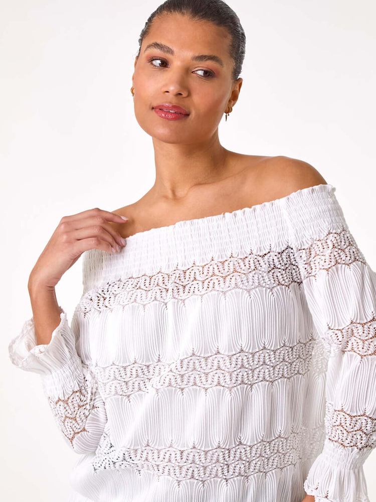 Roman White Lace Insert Frill Bardot Top - Image 1 of 5