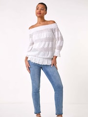 Roman White Lace Insert Frill Bardot Top - Image 2 of 5