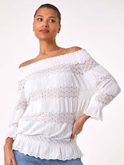 Roman White Lace Insert Frill Bardot Top - Image 4 of 5