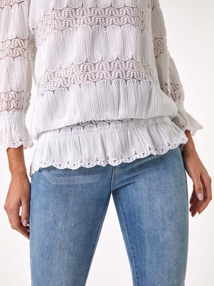 Roman White Lace Insert Frill Bardot Top - Image 5 of 5