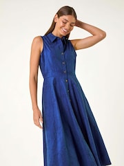 Roman Blue 100% Cotton Embroidered Buttoned Midi Dress - Image 1 of 5