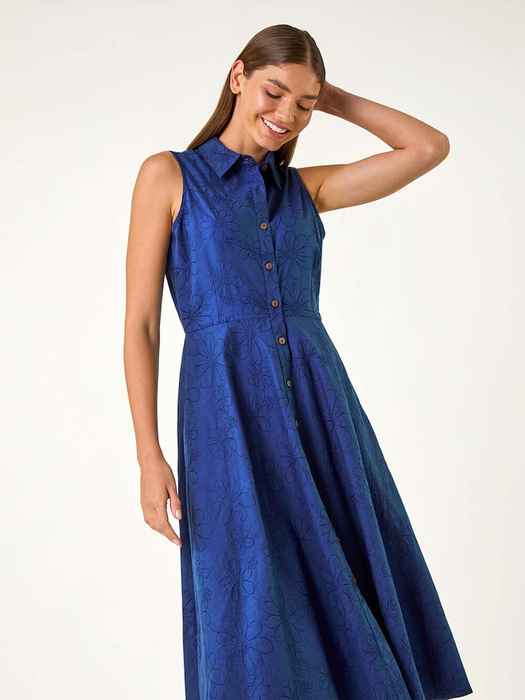 Roman Blue 100% Cotton Embroidered Buttoned Midi Dress - Image 1 of 5