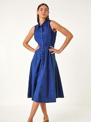Roman Blue 100% Cotton Embroidered Buttoned Midi Dress - Image 2 of 5