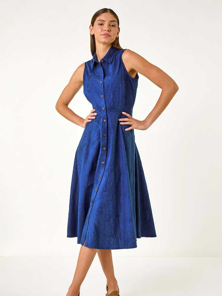 Roman Blue 100% Cotton Embroidered Buttoned Midi Dress - Image 2 of 5