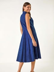 Roman Blue 100% Cotton Embroidered Buttoned Midi Dress - Image 3 of 5