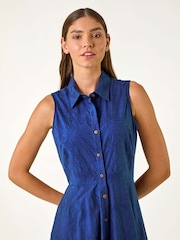 Roman Blue 100% Cotton Embroidered Buttoned Midi Dress - Image 4 of 5