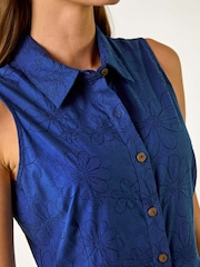 Roman Blue 100% Cotton Embroidered Buttoned Midi Dress - Image 5 of 5