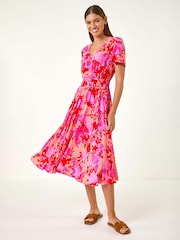Roman Pink Shadow Floral Print Shirred Midi Dress - Image 1 of 5