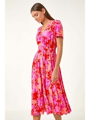 Roman Pink Shadow Floral Print Shirred Midi Dress - Image 2 of 5