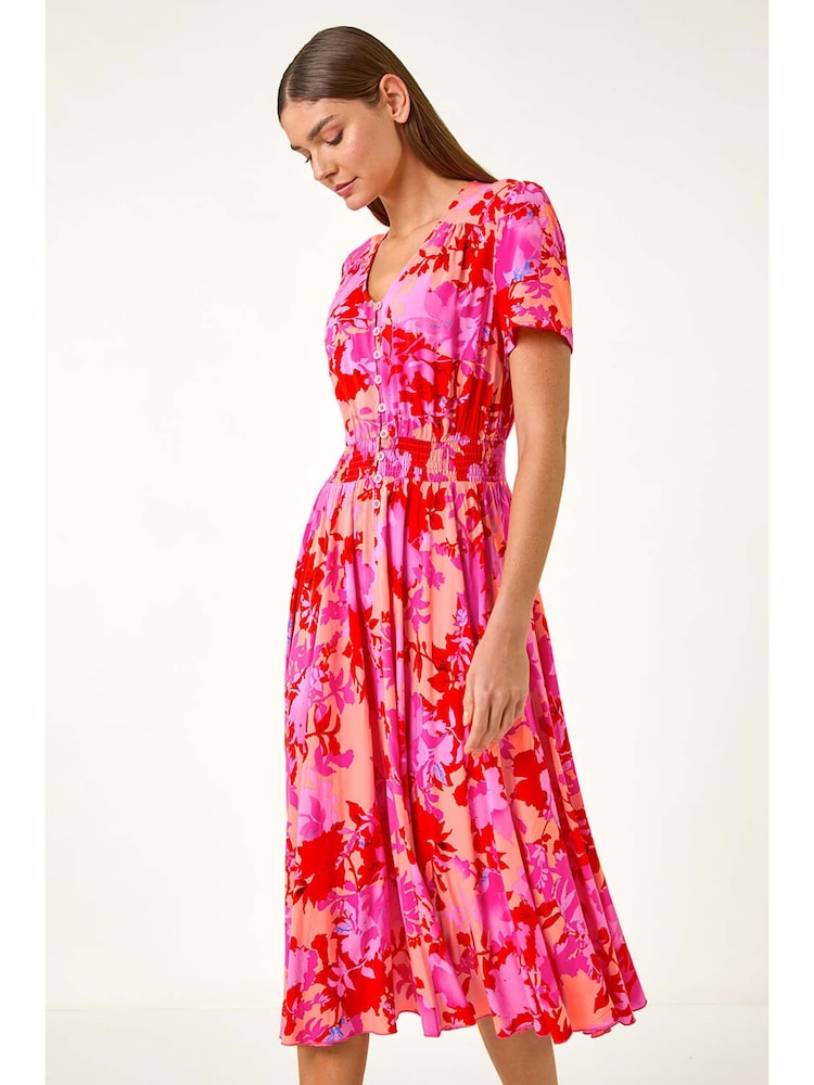 Roman Pink Shadow Floral Print Shirred Midi Dress - Image 2 of 5