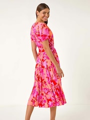 Roman Pink Shadow Floral Print Shirred Midi Dress - Image 3 of 5