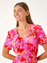 Roman Pink Shadow Floral Print Shirred Midi Dress - Image 4 of 5