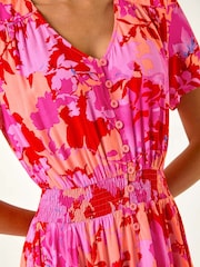 Roman Pink Shadow Floral Print Shirred Midi Dress - Image 5 of 5