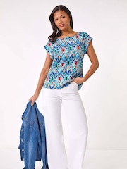Roman Blue Abstract Print Shell Top - Image 2 of 5
