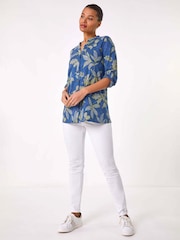 Roman Blue Leaf Print 100% Cotton Blouse - Image 1 of 5