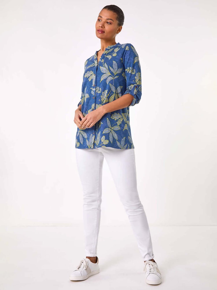 Roman Blue Leaf Print 100% Cotton Blouse - Image 1 of 5