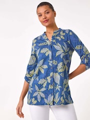 Roman Blue Leaf Print 100% Cotton Blouse - Image 2 of 5