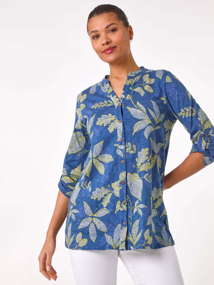Roman Blue Leaf Print 100% Cotton Blouse - Image 2 of 5