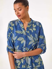 Roman Blue Leaf Print 100% Cotton Blouse - Image 4 of 5