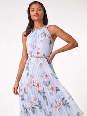Roman Grey Floral Pleated Halter Midi Dress - Image 1 of 5