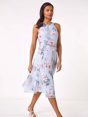 Roman Grey Floral Pleated Halter Midi Dress - Image 2 of 5