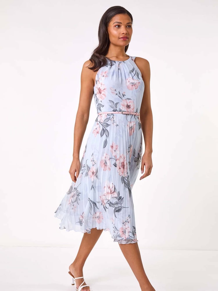 Roman Grey Floral Pleated Halter Midi Dress - Image 2 of 5