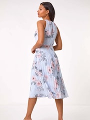 Roman Grey Floral Pleated Halter Midi Dress - Image 3 of 5