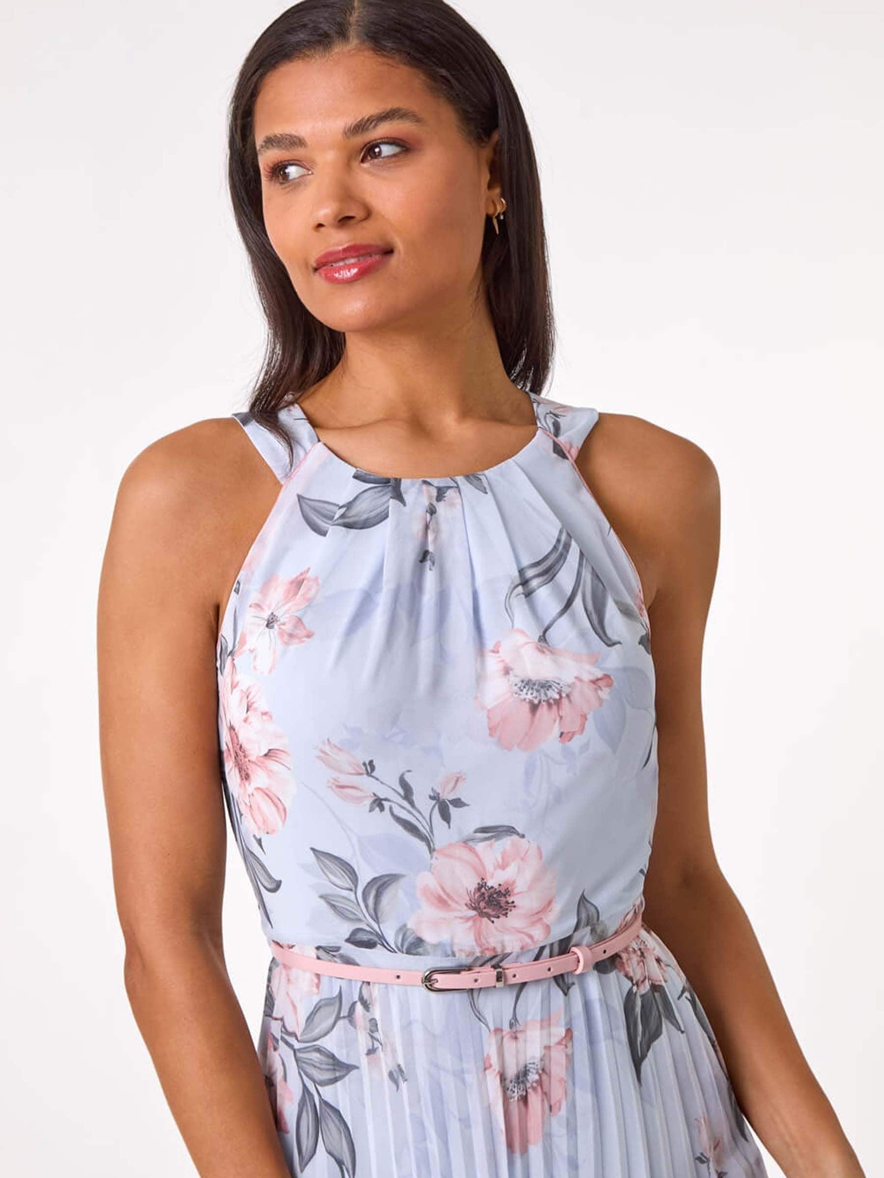 Buy Roman Grey Floral Pleated Halter Midi Dress from the Next UK
