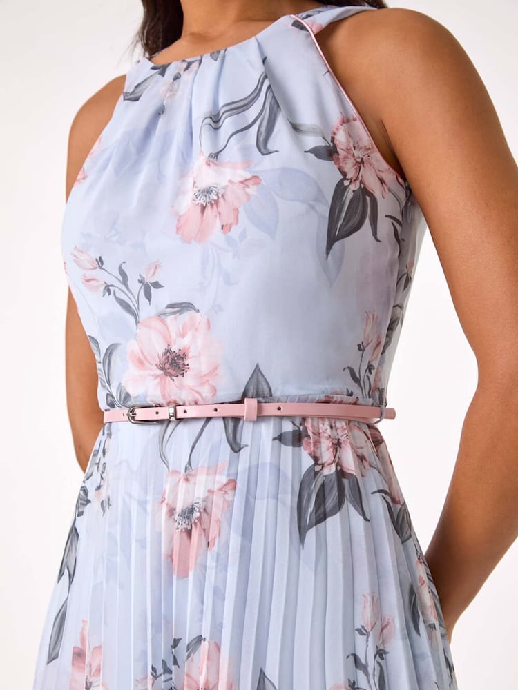 Roman Grey Floral Pleated Halter Midi Dress - Image 5 of 5